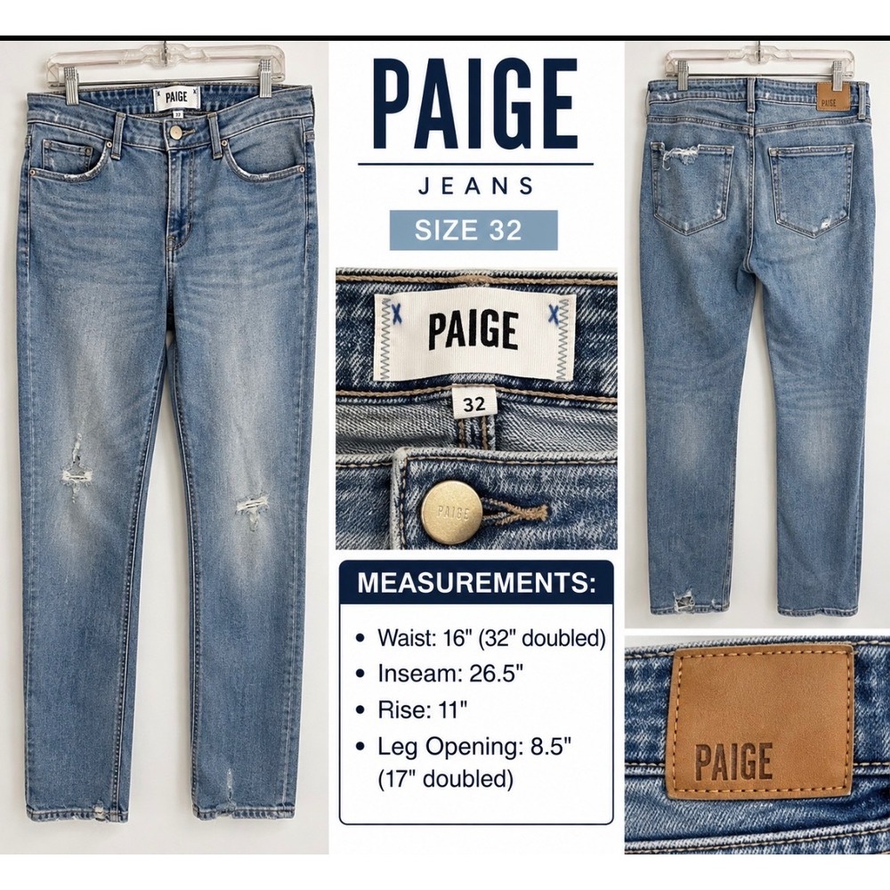 PAIGE Lovesong Distressed‎ Straight Leg Jeans Light Wash Beat Hem Size 32